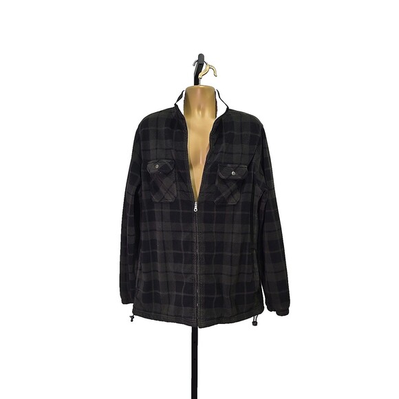 Green Black Plaid Full Zip Chore Barn Fleece Jacket Coat Mens XL Sherpa Collar - Picture 8 of 8
